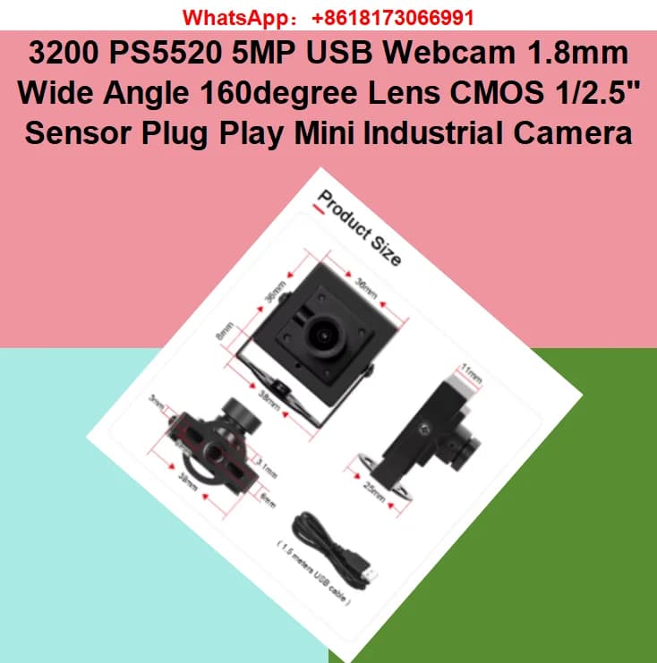 3200 PS5520 5MP USB Webcam 1.8mm Wide Angle 160degree Lens CMOS 1/2.5" Sensor Plug Play Mini Industrial Camera