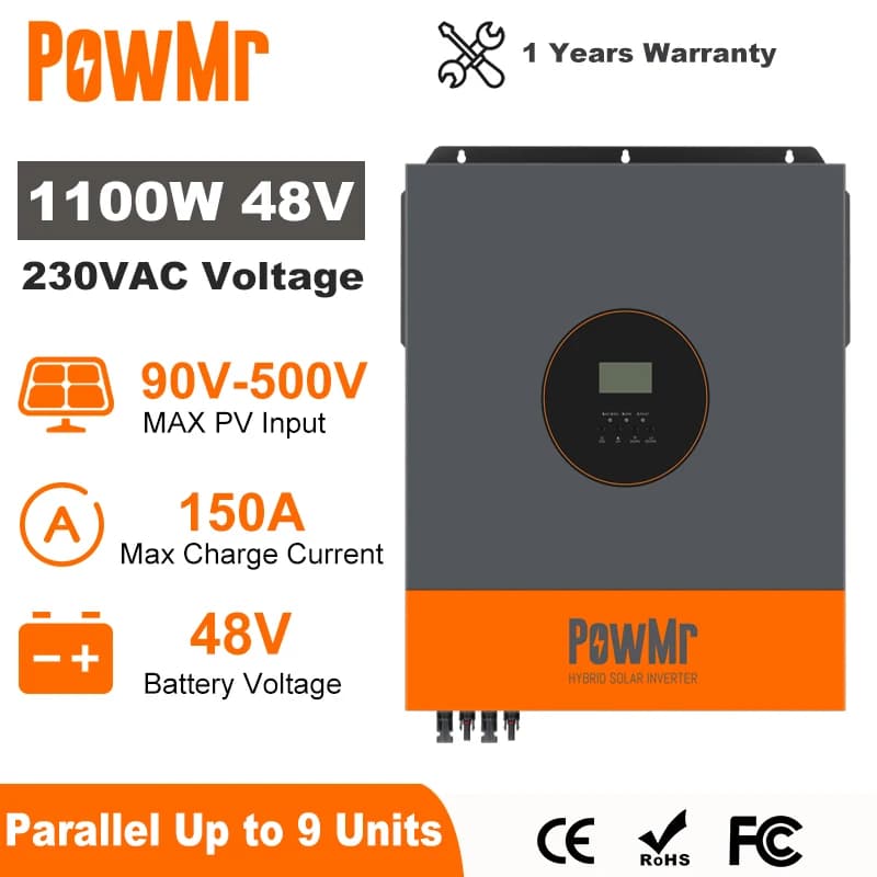 PowMr 11KW Inverter solare ibrido 48V 220V Off Grid Inverter con caricabatterie MPPT 150A Funziona senza batteria parallela Fino a 9 unità