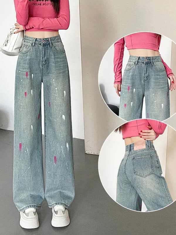 Light Wa Wide Leg Denim Jeans Women's Spring Autumn New Oil Paint Dot Loose Large Size Design Sense Splaed Ink Straight L...