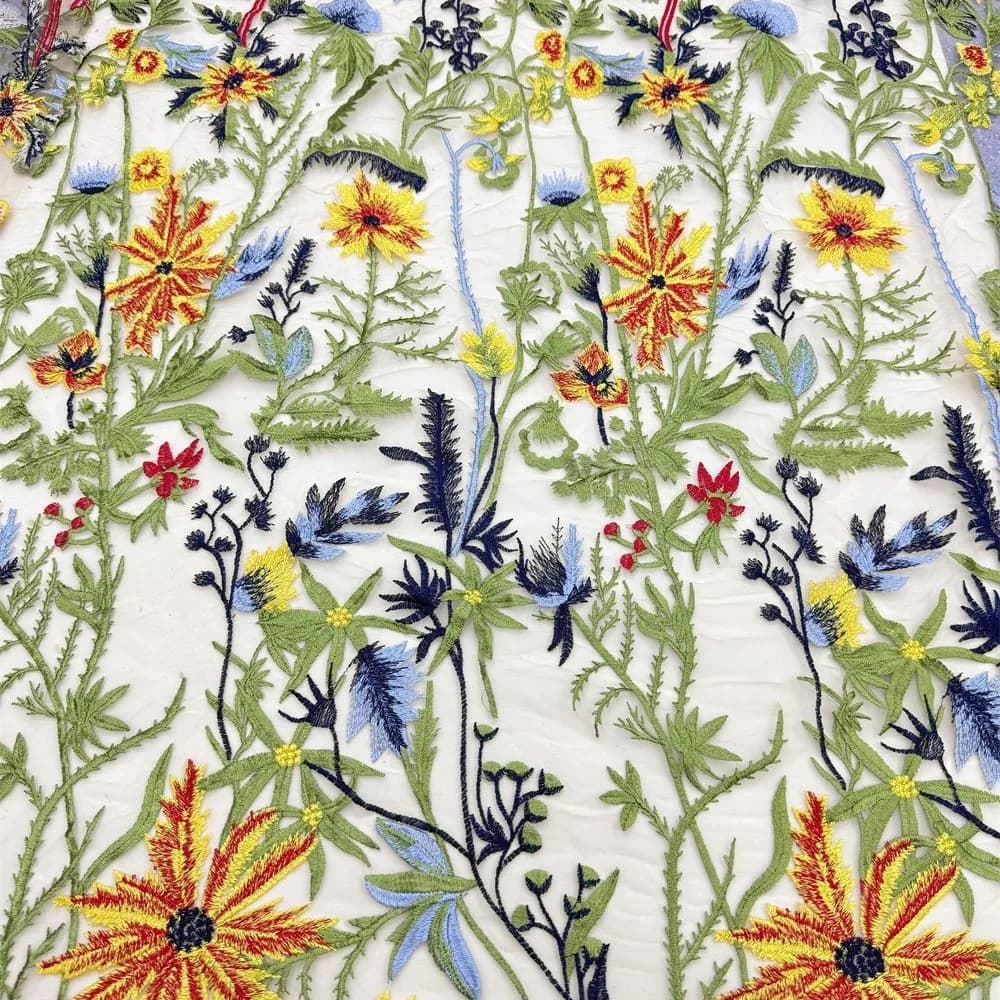150cm Wide High-Quality Mesh Fabric with Colorful Botanical & Floral Embroidery Lace for Wedding Dresses and Gowns F047