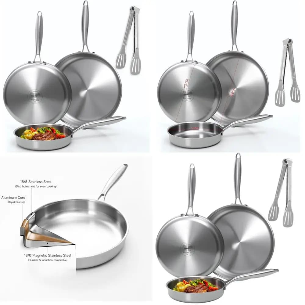 8, 10, 12 Set di padelle in acciaio inossidabile a tre strati con padella da chef, lavabile a induzione e lavabile in lavastoviglie, piano cottura universale compatibile