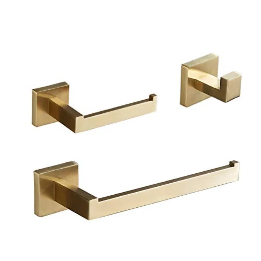 Set di accessori da bagno color oro: set di 3 pezzi - Porta carta igienica a parete, anello per asciugamani/barra porta asciugamani, gancio per accappatoio