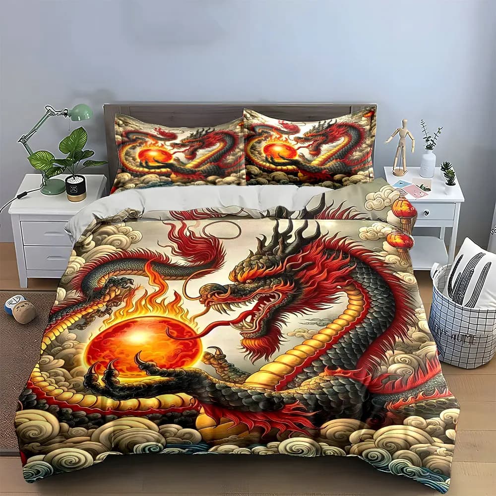 Set di biancheria da letto con decorazioni a tema drago, include 1 copripiumino e 2 federe, disponibile nelle misure singolo, matrimoniale, king e queen, idea regalo.