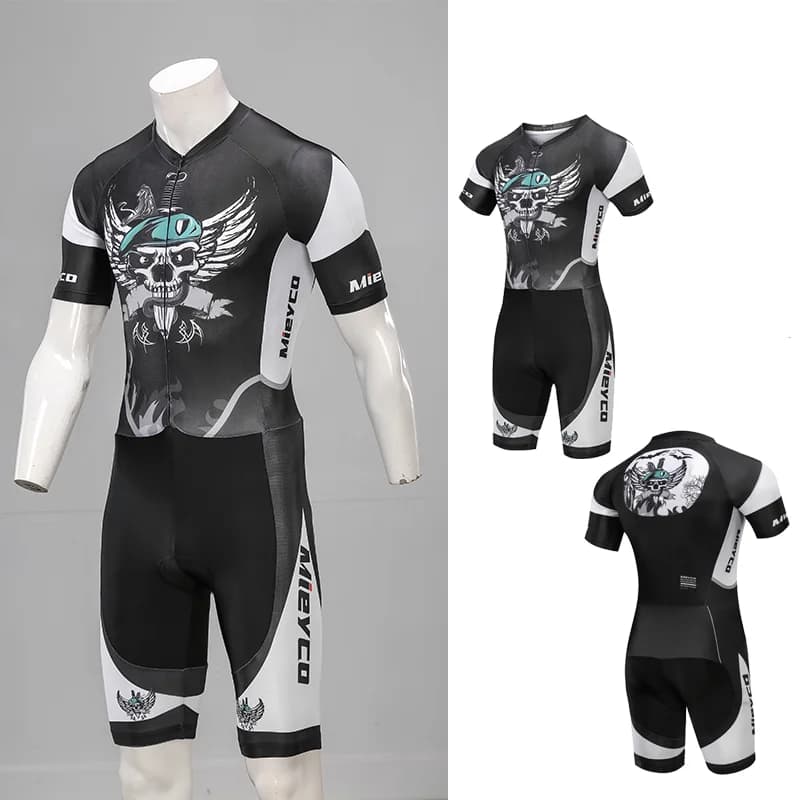 Punk Skull Print Short‑Sleeve One‑Piece Triathlon Suit, Professional Wind‑Resistant Integrated Swimming Running Cycling Skinsuit