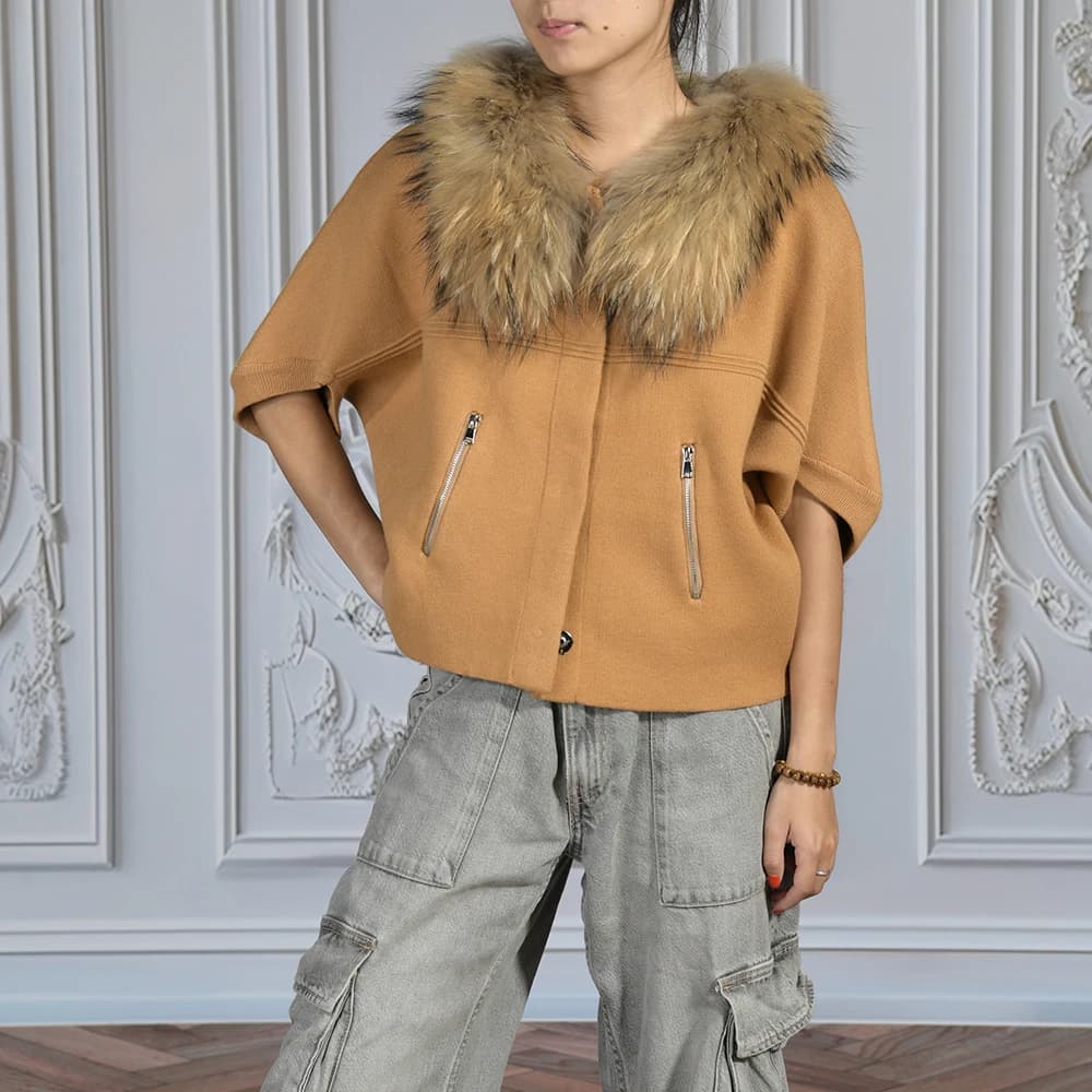 Jxwatcher Maglione lavorato a maglia con collo in vera pelliccia di volpe per donna 2025 Autunno spesso caldo giacca a maniche corte Capispalla moda donna Nuovo