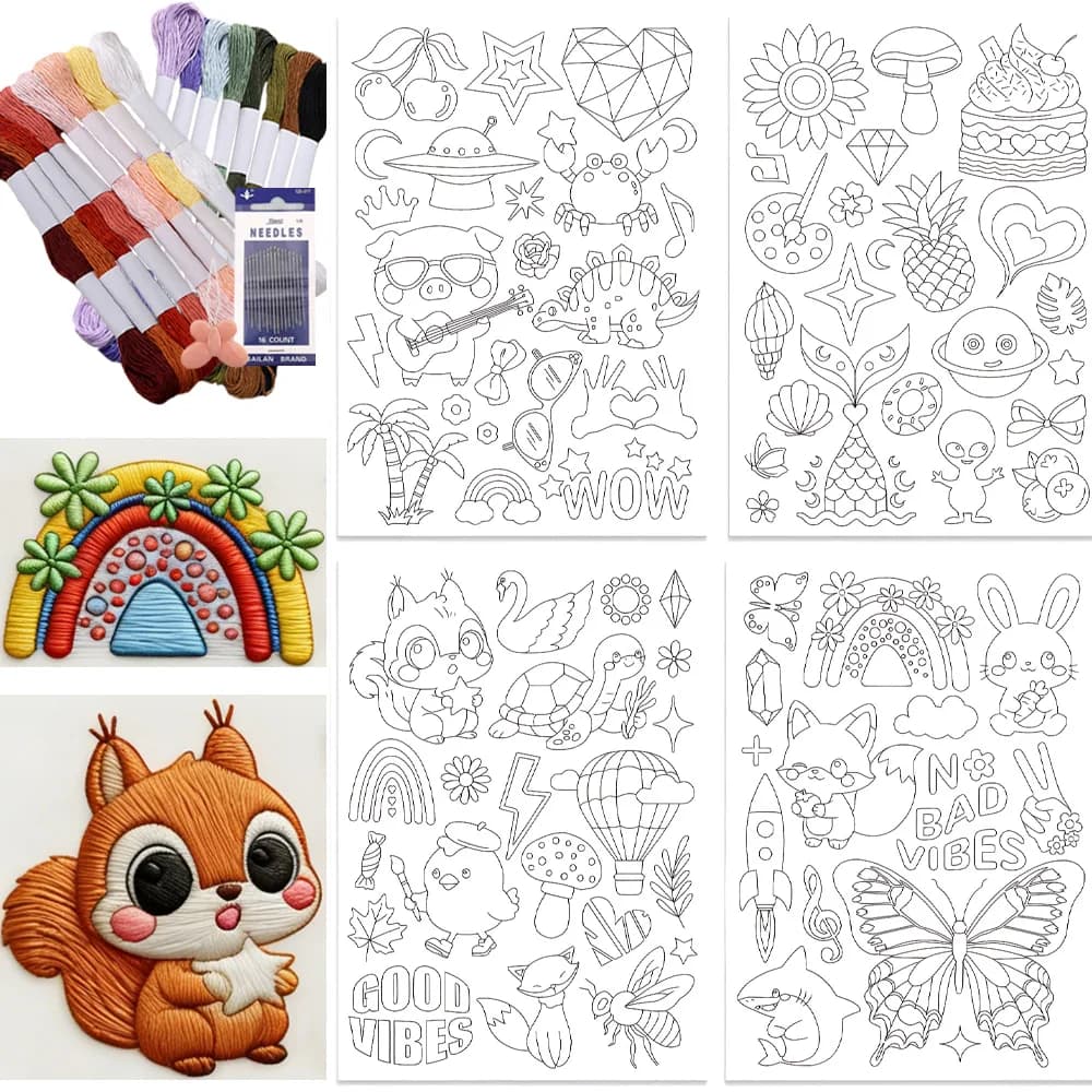 4Sheets Cute Cartoon Pattern Self-Adhesive Embroidery Kit, Water Soluble Stabilizer Sheets, Washable Stick Embroidery Pattern