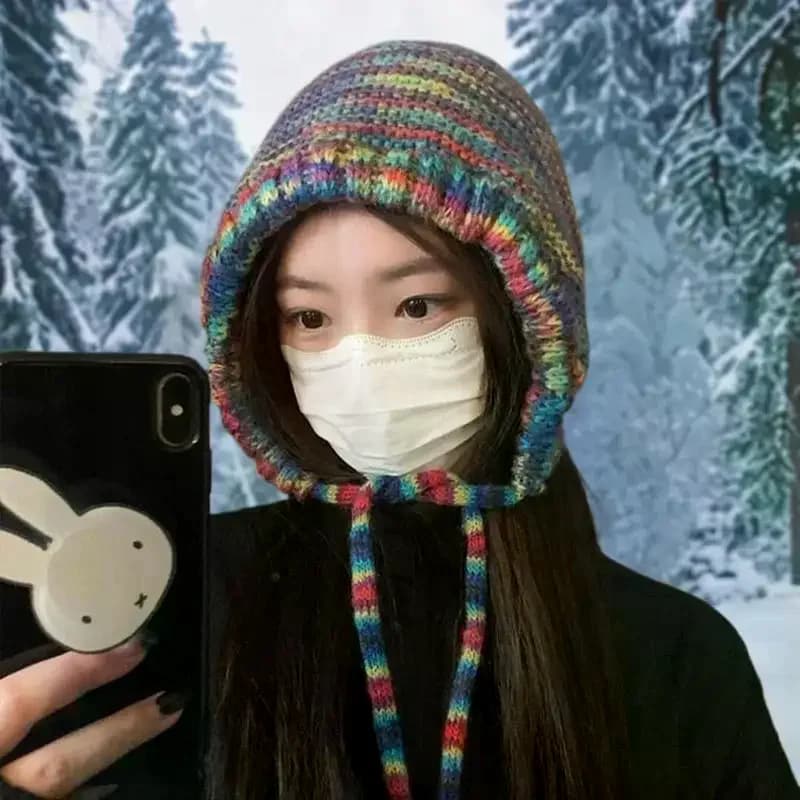Rainbow Striped Knitting Beanie Hat Women Winter Warm Crochet Cap Ear Protection Girl Fashion Headwear
