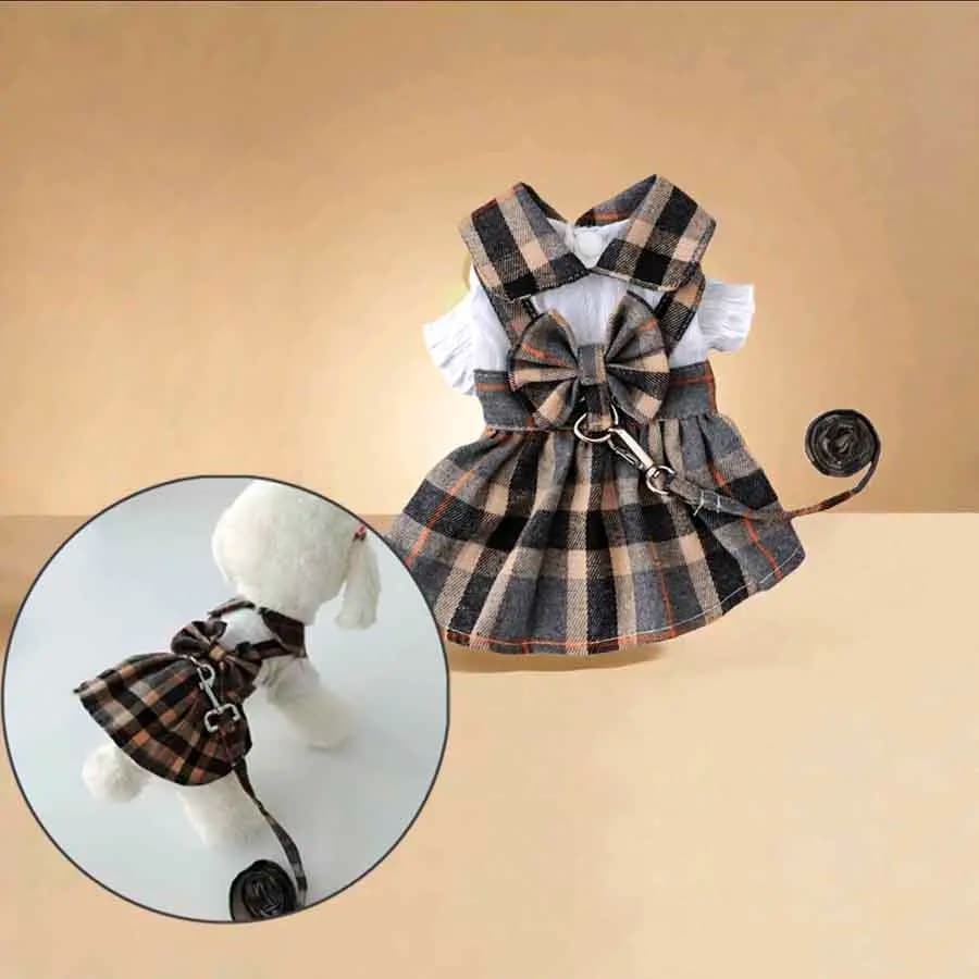 1 pezzo di vestiti per cani carini, abito scozzese con fiocco sul retro, guinzaglio regolabile, adatto per gatti, cani, animali domestici, outfit quotidiano primavera estate