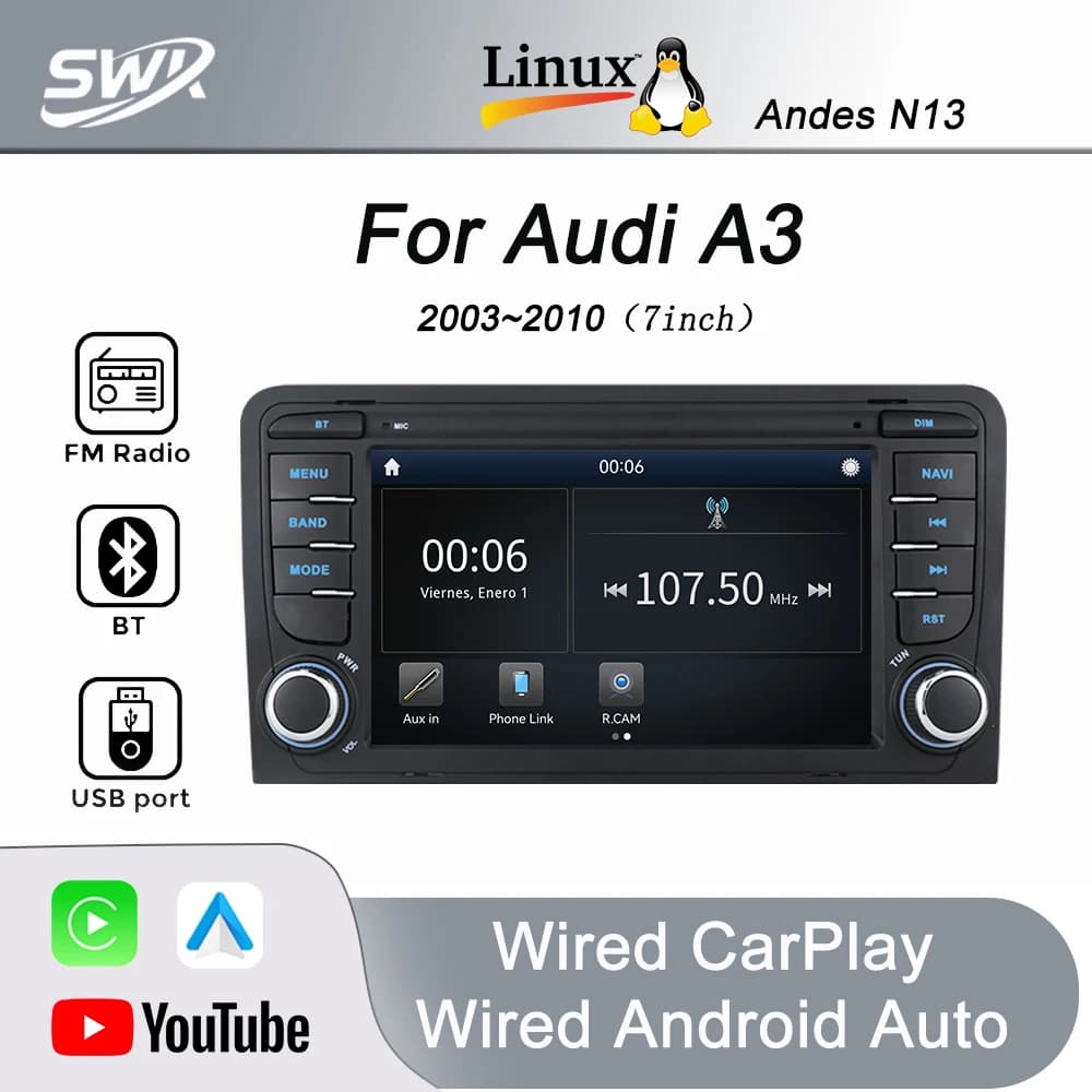 Autoradio 7 pollici per Audi A3 con sistema Linux, Plug and Play, DSP, USB, CarPlay, Android Auto, FM, BT5.1