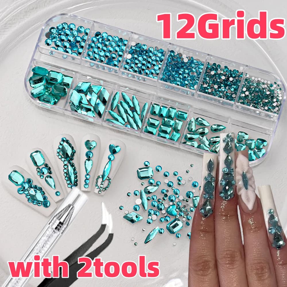 12 griglie 3D lago blu nail art strass con 2 strumenti di forma mista di cristallo diamante gemma pendenti per unghie per l'arredamento manicure estivo oceano