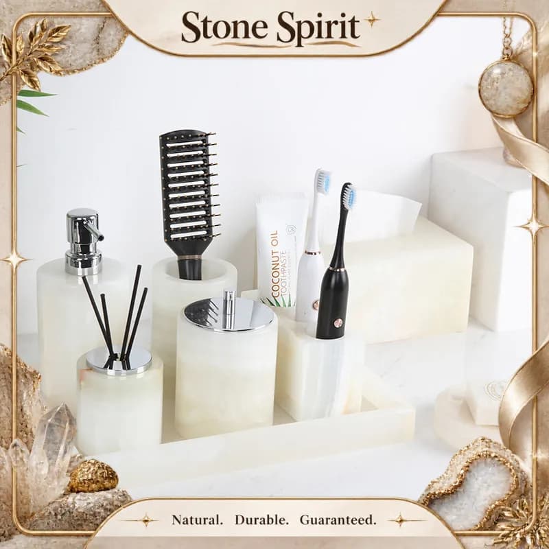 High-end White Jade Marble Bathroom Accessory Set,Mouthwash Cup,Toothbrush Holder&Vanity Tray for Star Hotels Home Decor