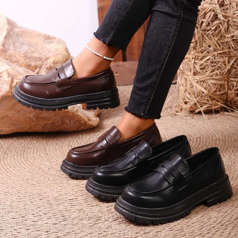 Mocassini da donna in pelle marrone con suola robusta Scarpe comode per lavoro Abito da ufficio Scarpe casual con plateau Zapatos De Mujer