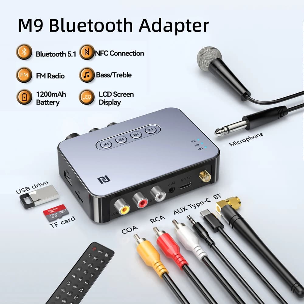 Trasmettitore ricevitore Audio Bluetooth 5.1 NFC 3.5mm AUX RCA adattatore musicale Stereo Wireless U Disk/lettore di schede TF con telecomando IR