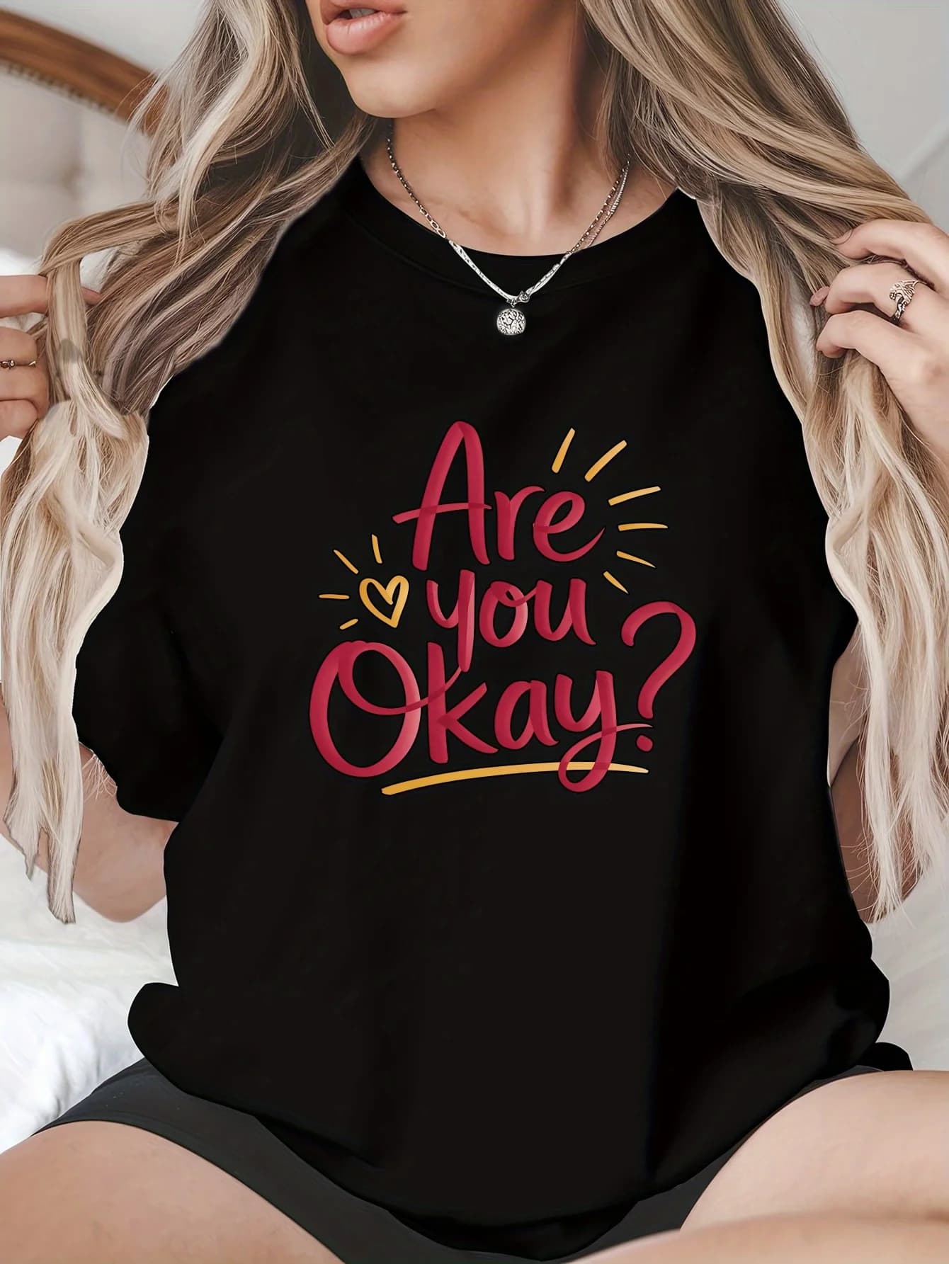 Are you okay? T-shirt printed, casual short sleeve top with round neckline, women's summer clothing