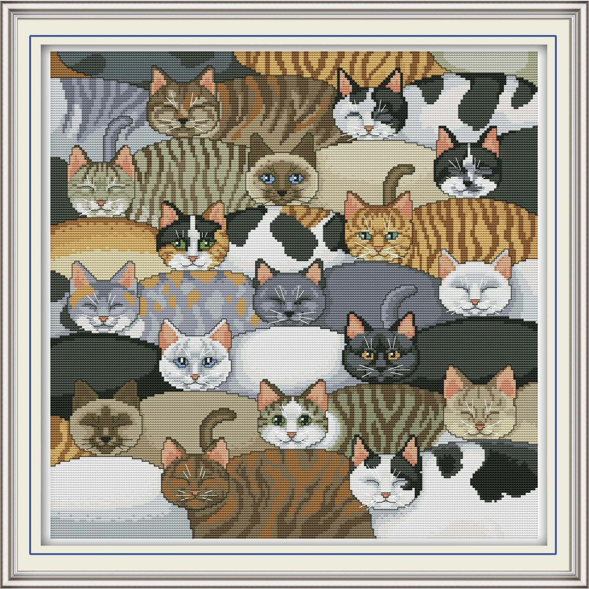 News Pre-Printed Cross Stitch Kit,Stamped Aida Fabric With DMC Threads,Embroidery Kit - Cats