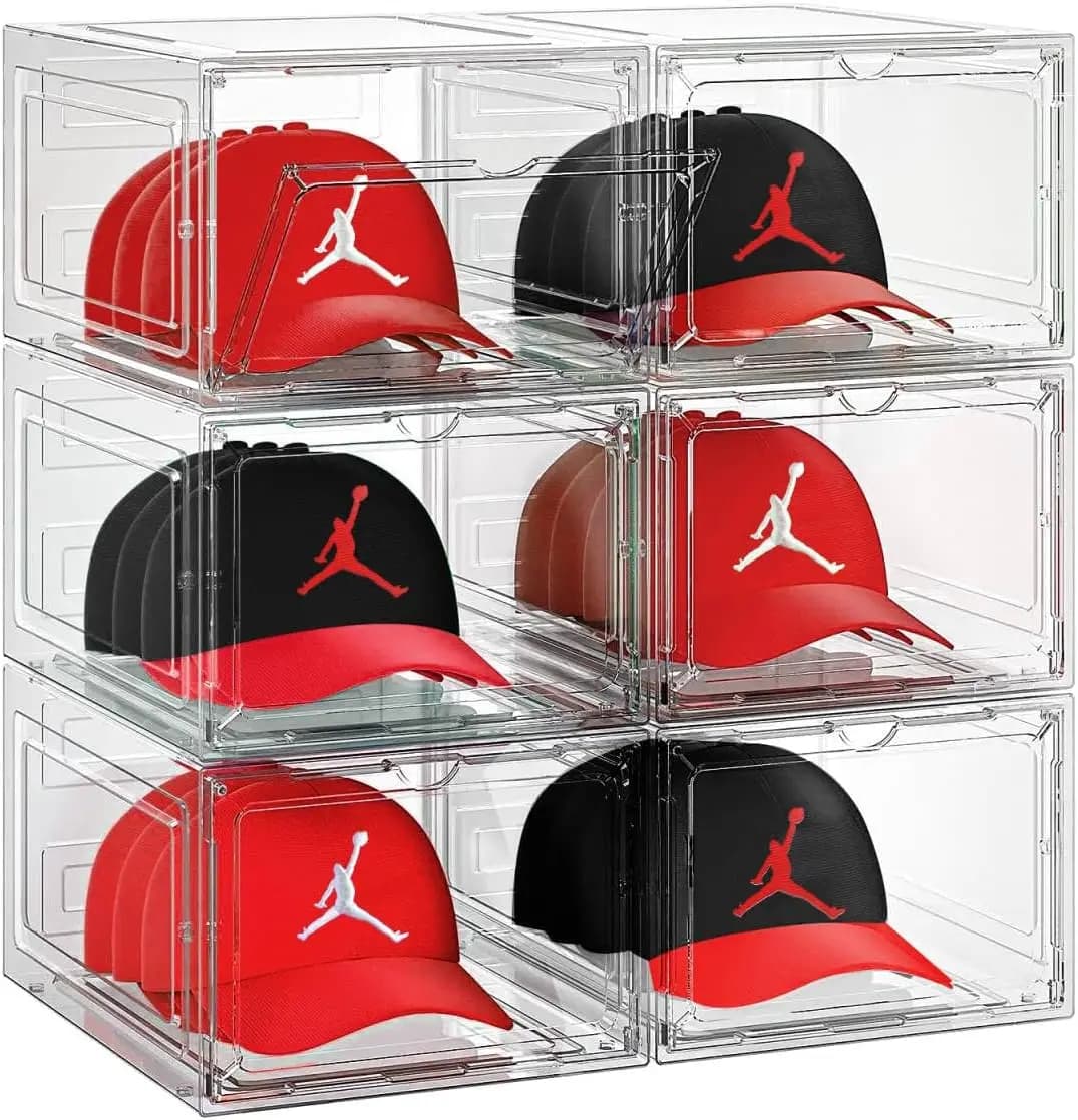 Scatola organizer trasparente impilabile per cappelli con porta magnetica, contiene 8 cappucci ciascuno - Confezione da 6 per riporre e esposizione