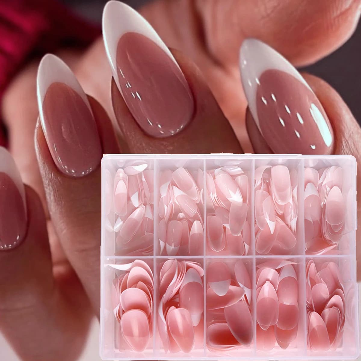 360/150 pz/scatola Nude Rosa Mandorla Francese Unghie Finte Punta Bianca Design Breve Indossare Unghie Finte Donne Unghie Presse sulle Unghie Manicure