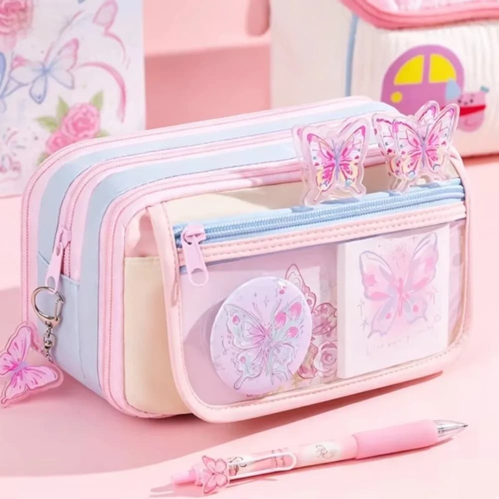 Durable Large Capacity Pencil Case Multi-Pockets Butterfly Print Pen Bag Transparent Pencil Pouch