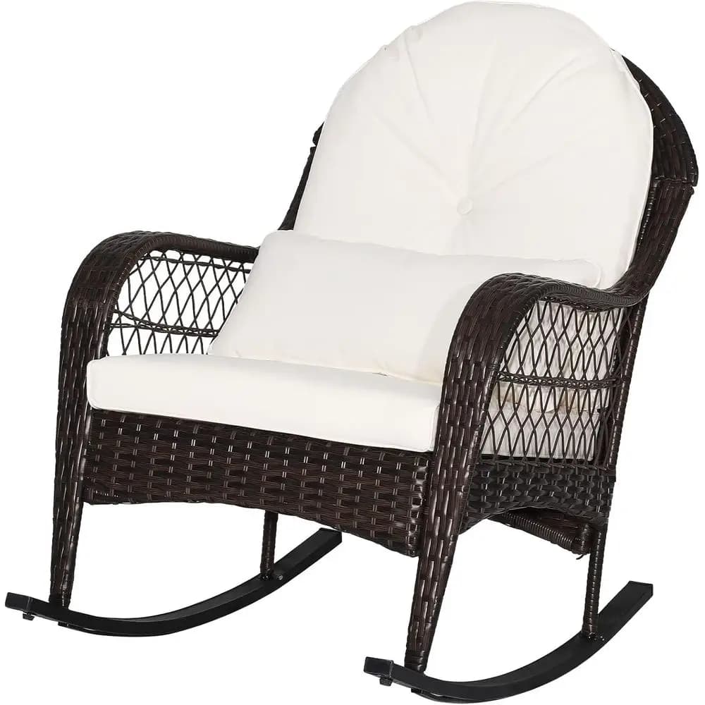 Sedia a dondolo da esterno in vimini con cuscini, seduta in rattan, cuscini per schiena e vita, ideale per giardino, portico, bordo piscina, terrazza (Bianco)
