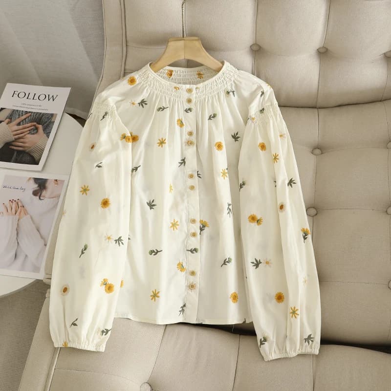 Elegant shirt with floral lantern sleeves pleated neckline for women fall cute and sweet basics commuter top