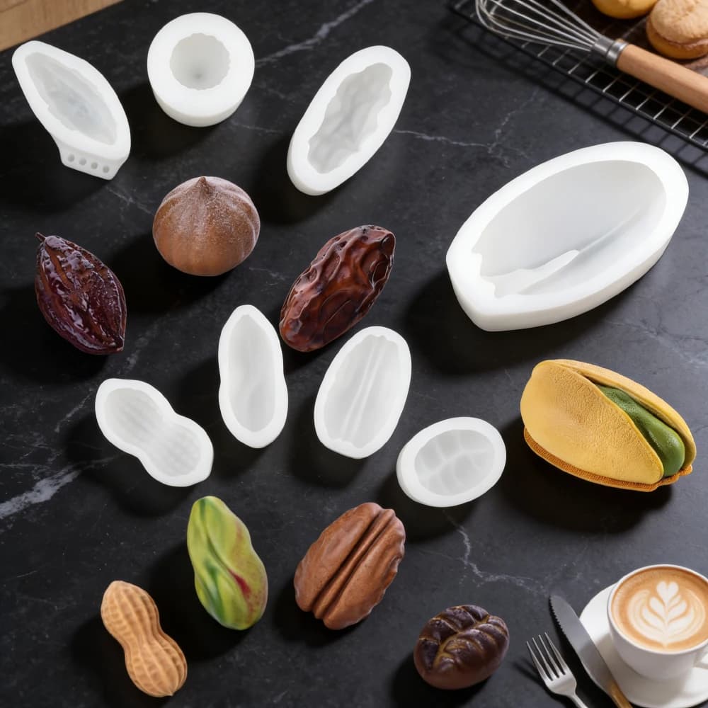 Stampo in Silicone Grande per Torte Mousse, Cioccolato, Dessert, Candele Fatte a Mano, con Forme di Arachidi, Pistacchi, Noci Pecan e Chicchi di Caffè