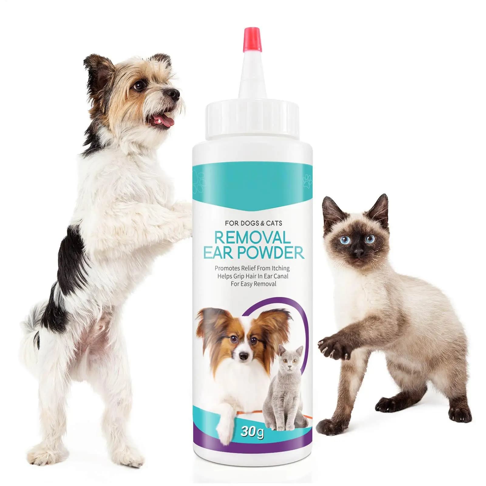 Polvere per la pulizia delle orecchie degli animali domestici 30G, indolore, per la rimozione dei peli e la pulizia, strumento deodorante e detergente per orecchie di cani, polvere lavante per orecchie, detergente per odori.