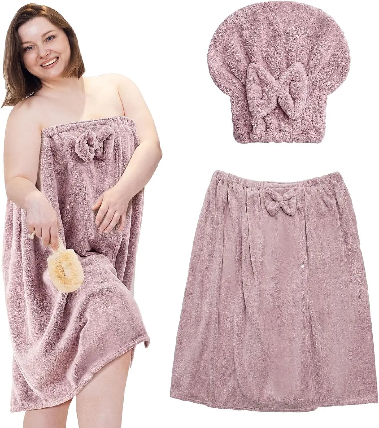 Women's Wrap Towel Set with Hair Towel, Shower Dress Bathrobe for Spa, Gym, Travel (Lotus Pink)