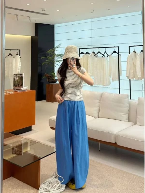 Pantaloni a gamba larga taglie forti da donna, a vita alta, effetto snellente, dritti, casual, sottili, lunghi, estivi