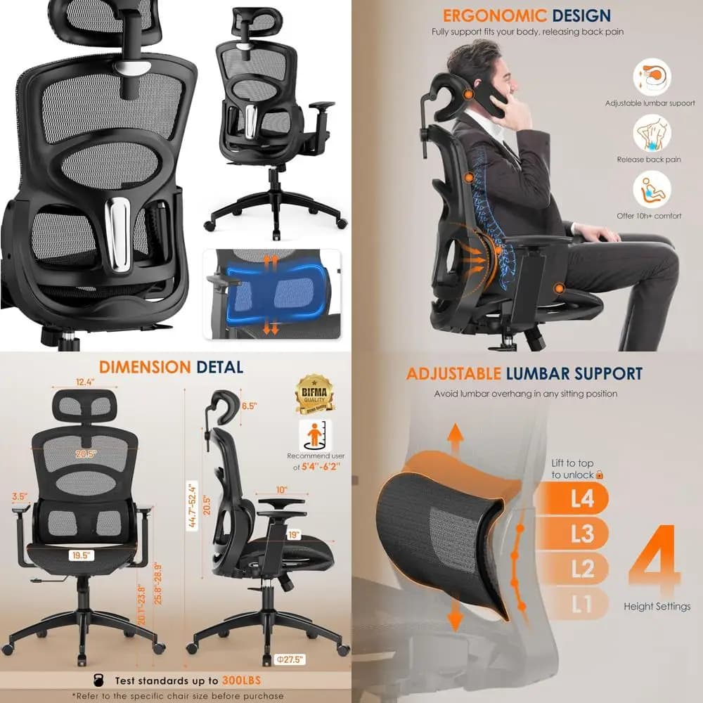 Sedia da ufficio ergonomica con schienale alto con supporto lombare regolabile, poggiatesta e meccanismo di inclinazione, con sedile morbido e ampio