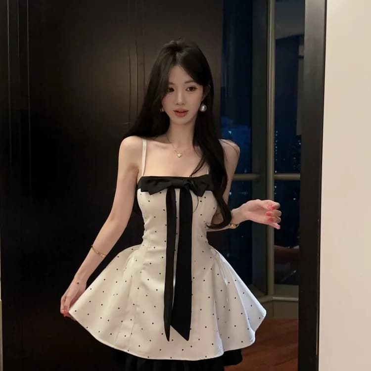 High Waist Polka Dot Design Knot Splice Slimming Strap Puffy Skirt Summer New Style Pure Desire Ladies Dress