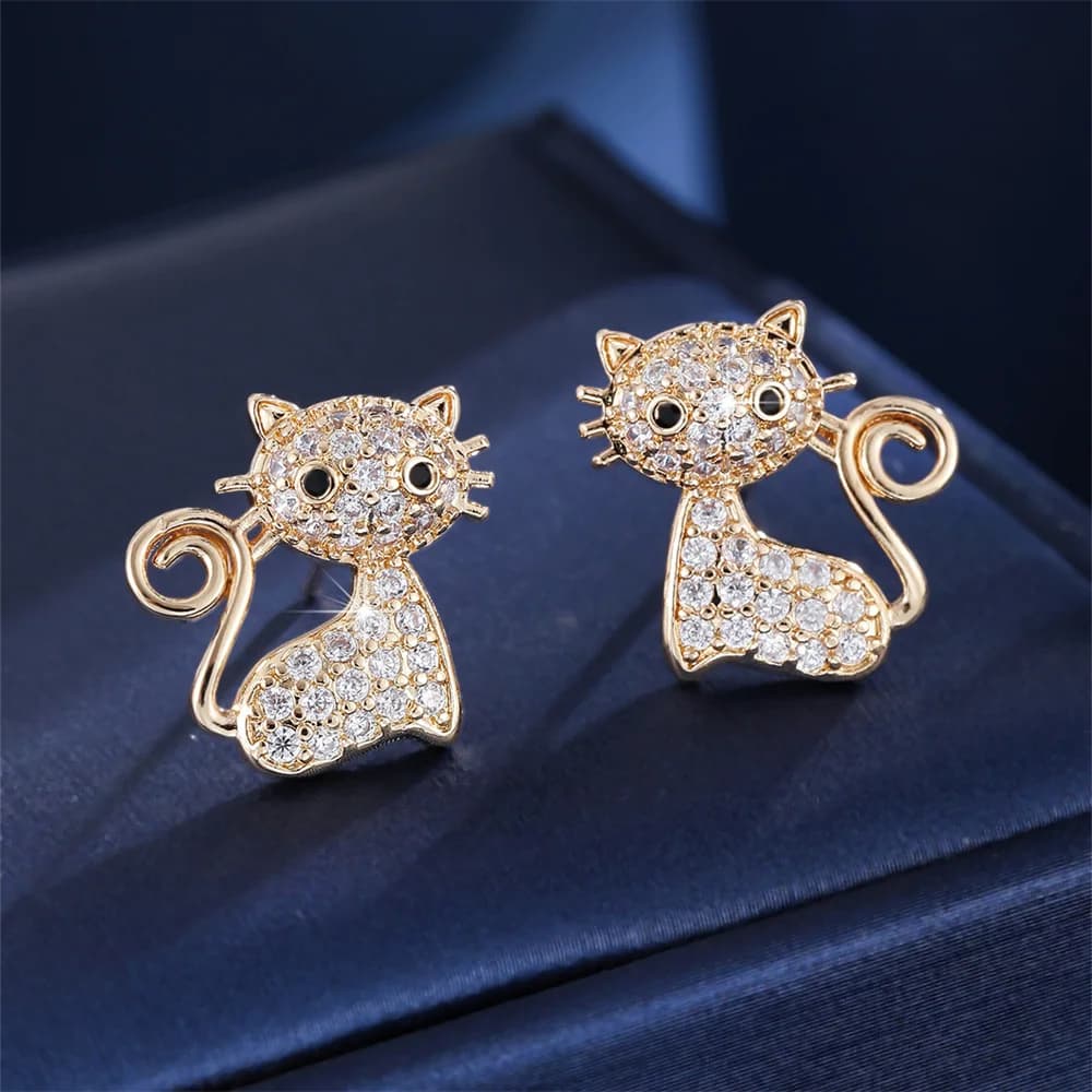 White Zircon Cute Animal Small Cat Stud Earrings For Women Fashion Gold Silver Color Ear Studs Wedding Jewelry Mother's Day Gift
