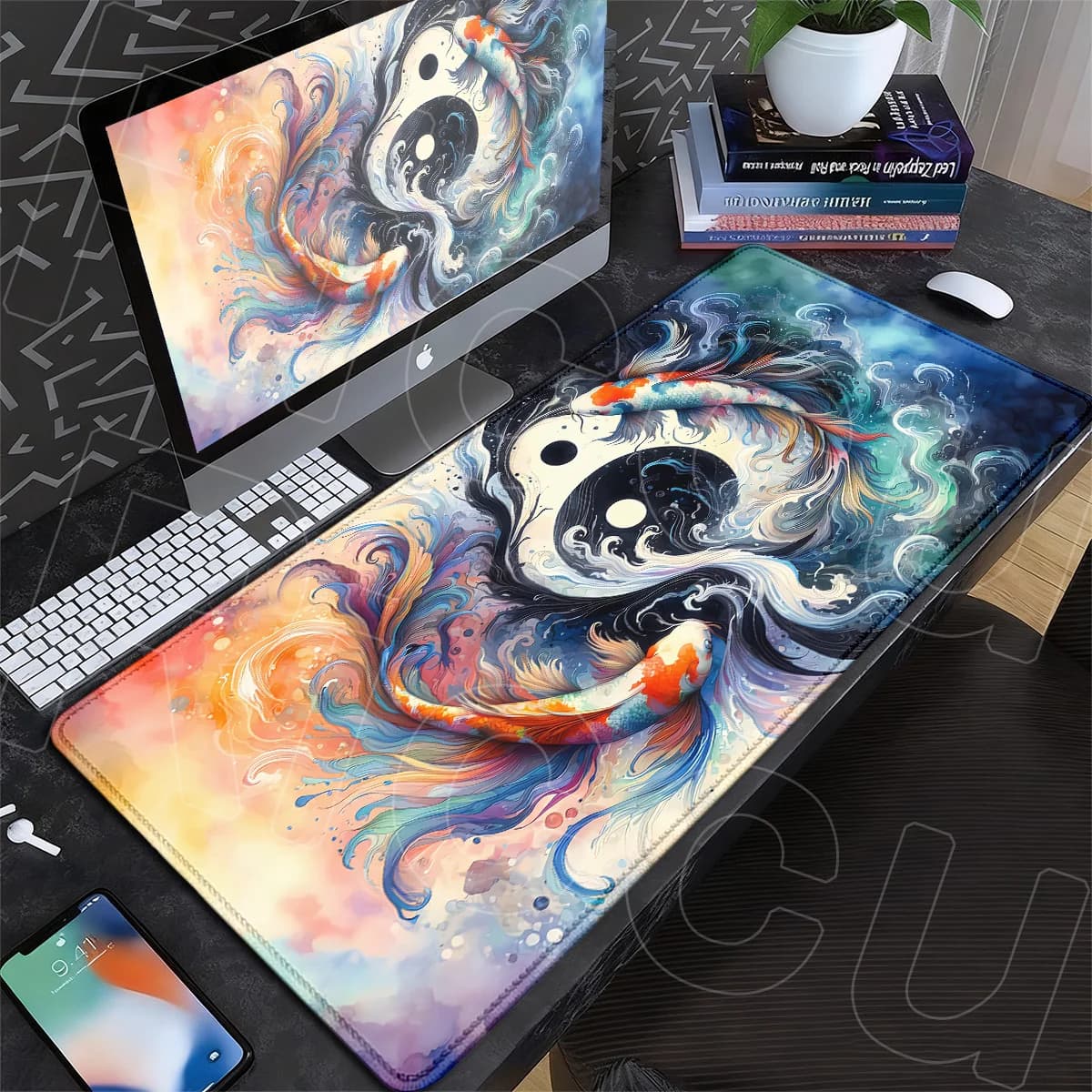 XXL Gaming Table Mats Rubber Keyboard Rug 900x400mm Japanese Black & White Desktop Mouse Pads Koi Fish Art Yin-yang fish Carpet
