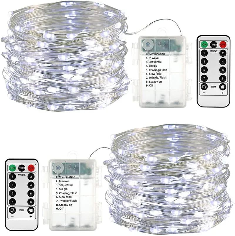 Luci a Corda Impermeabili 20m/10m/5m/2m con Filo di Rame e Argento, Illuminazione LED con 8 Modalità e Telecomando per Decorazioni Matrimoni, Stanze e Esterni