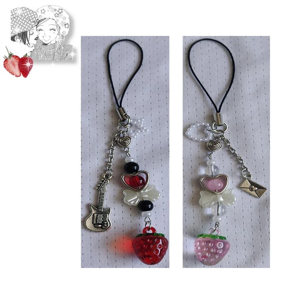 Ciondoli per Telefono Nana & Hachi Abbinati, Portachiavi con Fiocco Fragola Rosso Rosa, Accessorio Ispirato agli Anime Y2K, Regalo per la Fidanzata