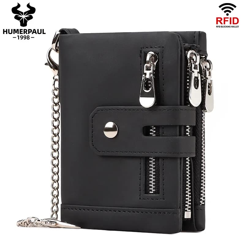 Portafoglio da uomo in vera pelle con blocco RFID Strato superiore in pelle bovina Porta carte multi-slot Portamonete tenuto in mano Billetera Hombre Lujo