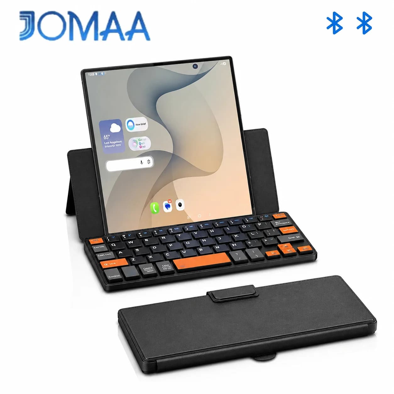 JOMAA Mini Portable Wireless Keyboard Rechargeable Bluetooth Keyboard, Any-Angle Stand ,Compatible with Android iOS Windows