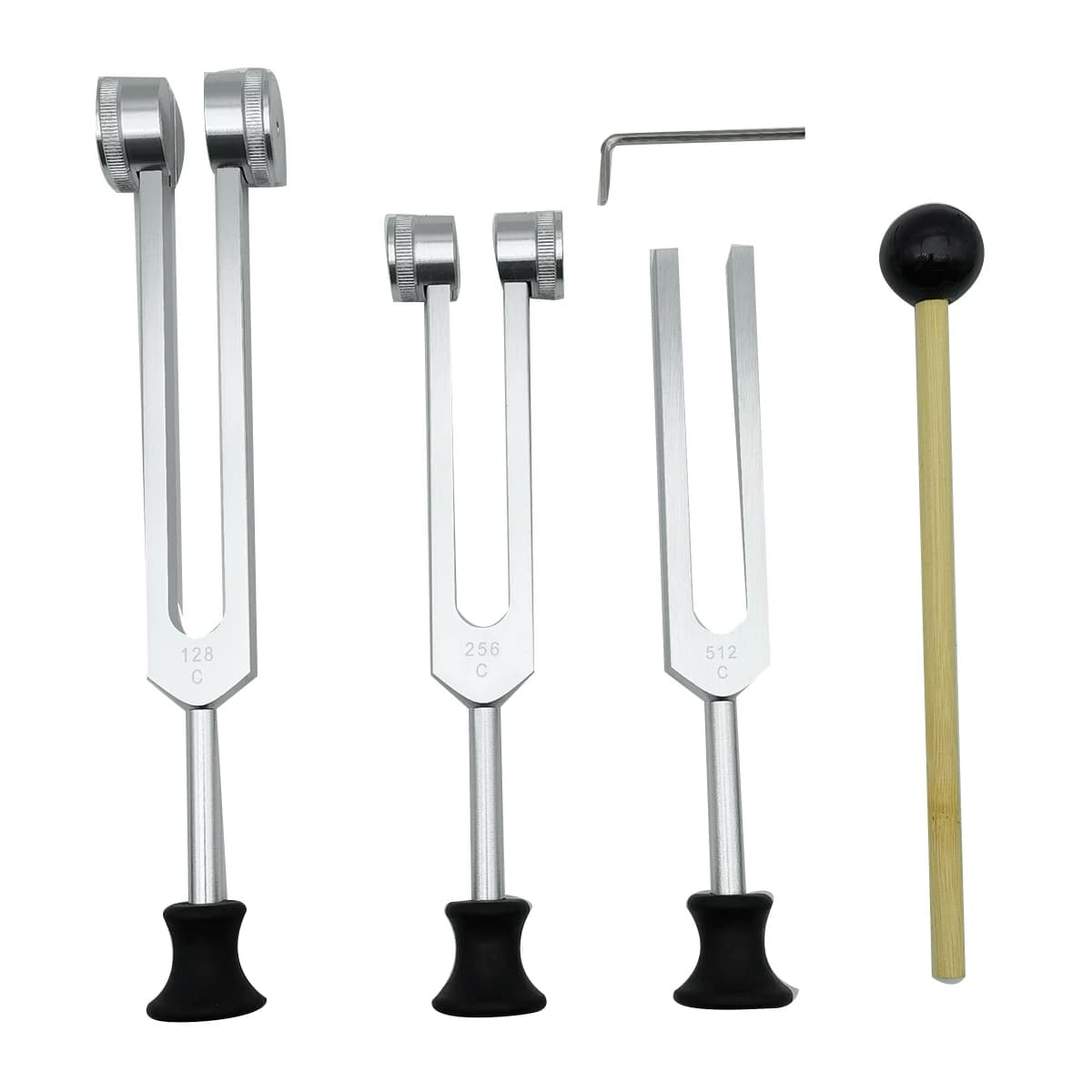 Set of 4 diapason (128Hz, 256Hz, 512Hz) with diapason hammer for sound vibration instrument with Base, silver