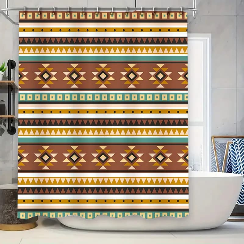 Tenda da doccia in stile sudoccidentale, tappetino da bagno decorativo con stampa geometrica, tessuto resistente all'acqua giallo, marrone, oro per il bagno