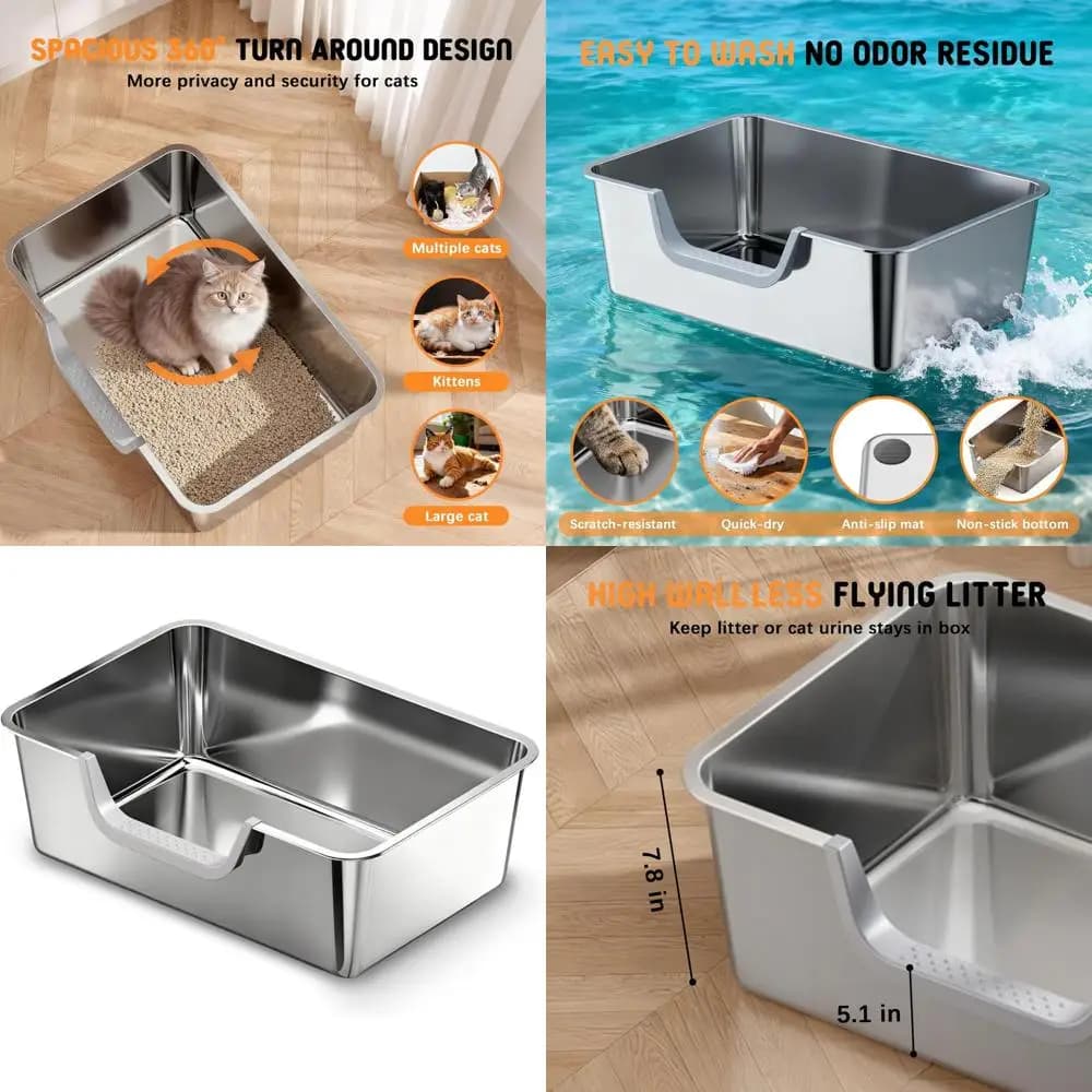 Lettiera extra large in acciaio inossidabile per gatti di grossa taglia, 23.6L x 15.7W x 7.8H, anti-perdita, antiaderente, ingresso sul lato lungo