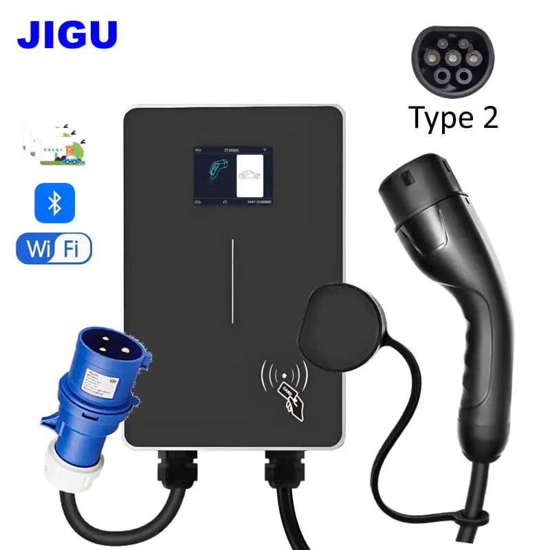 JIGU Electric Vehicle charging station Monophase 230V 32A 7KW Type 2 Wallbox Three-phase EV charger 380V 11KW 22KW with EEC plug
