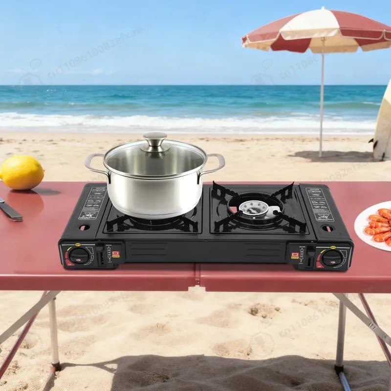 Fornello da Campeggio Portatile a 2 Fuochi, 2.5KW con Accensione Automatica, Fornello a Gas Butano/GPL con Vassoio da Forno + Custodia per Trasporto per Camper, Picnic all'Aperto, Barbecue