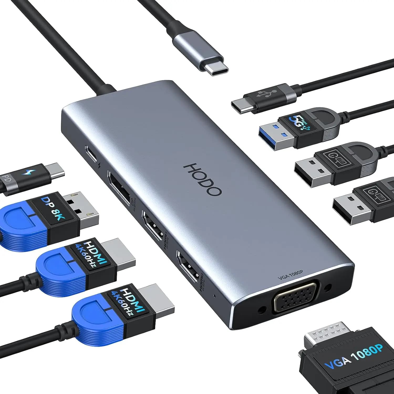 Docking Station USB C per Doppio Monitor, Adattatore per Laptop, 3 Monitor, Display Quadruplo, Hub USB C con 2 HDMI 4K, DP 8K, VGA, 4 USB, PD 100W
