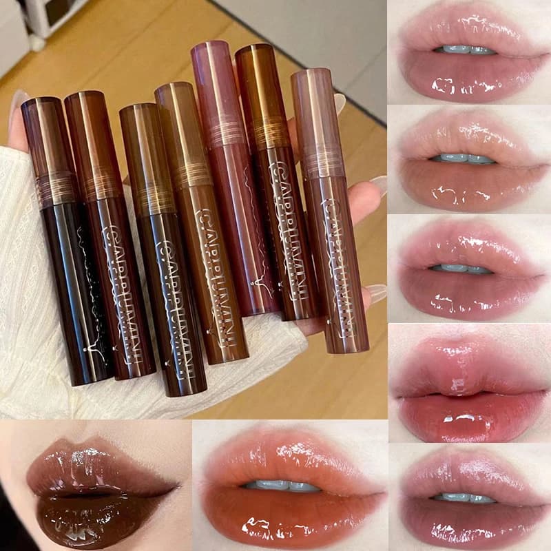 Cappuvini Punk Marrone Scuro Specchio Acqua Lucidalabbra Smalto per labbra rosso Vetro trasparente Olio per labbra Rossetto liquido impermeabile Tinta Trucco