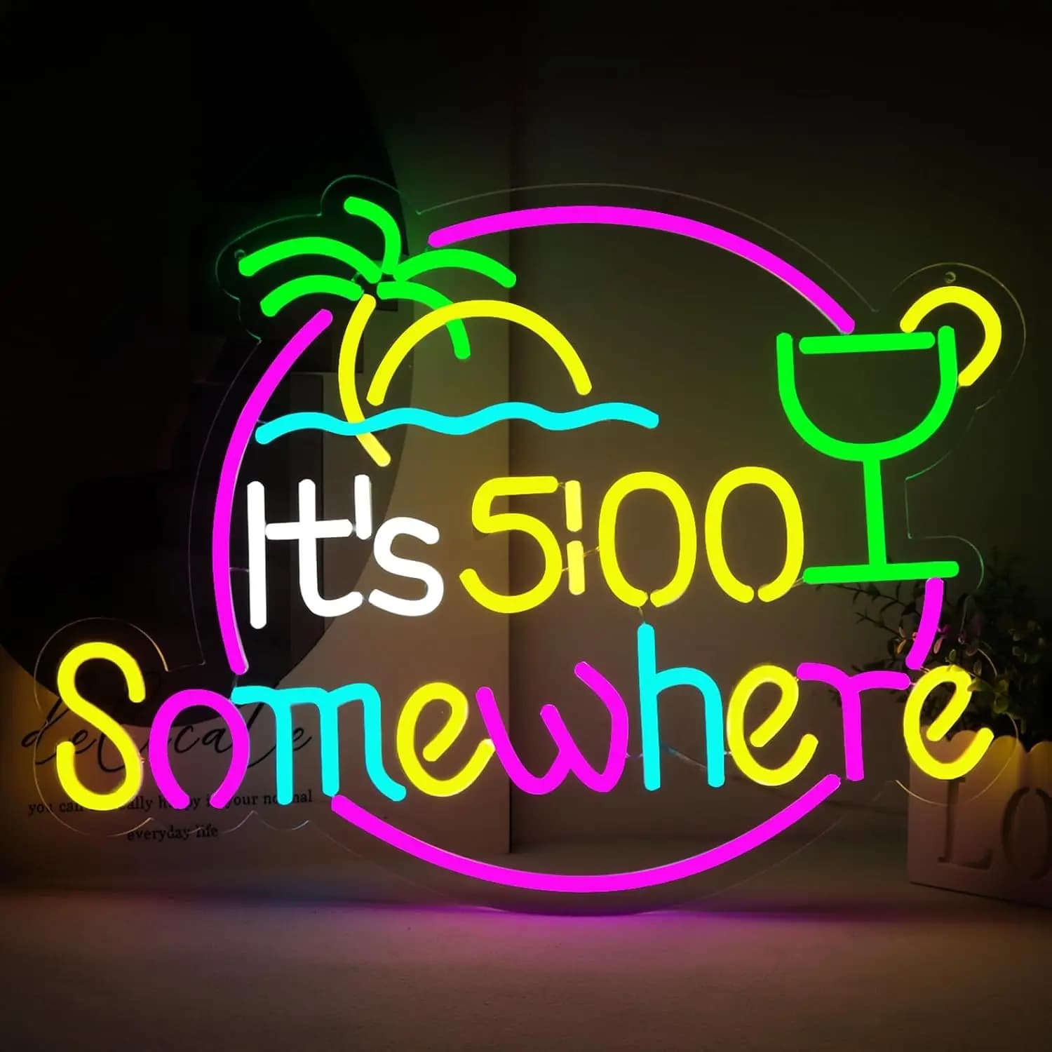 21,6 "x 16,2" di grandi dimensioni 5:00 Da qualche parte Lampada da parete artistica con insegna al neon per Bar Club Windows Hotel Pub Cafe Decorazione della festa nuziale Regalo