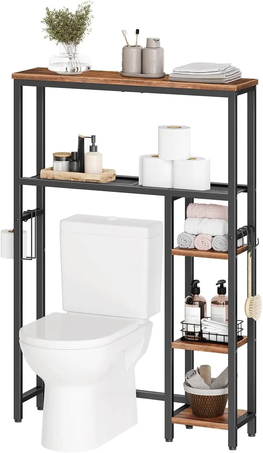 Mobiletto portaoggetti da posizionare sopra il WC, organizer da bagno indipendente con porta carta igienica, ganci, 5