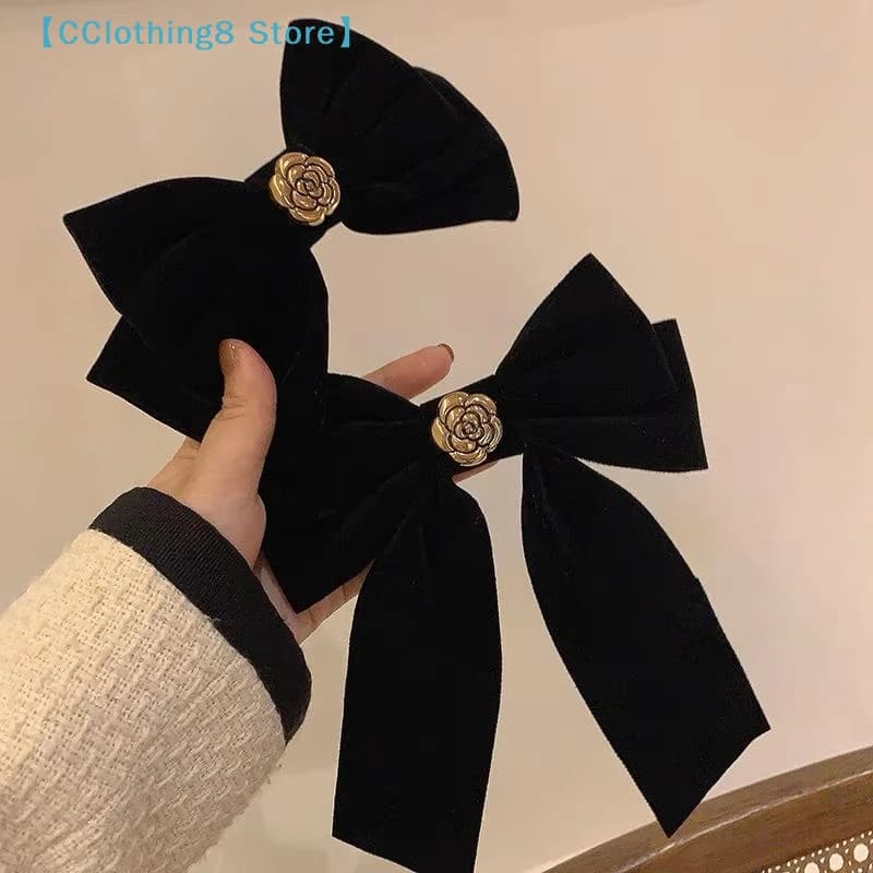 Fermagli per capelli in velluto nero con fiocco, eleganti fermagli per capelli in tessuto con camelia per donna, fermagli per coda di cavallo, accessori per capelli【AliS8】