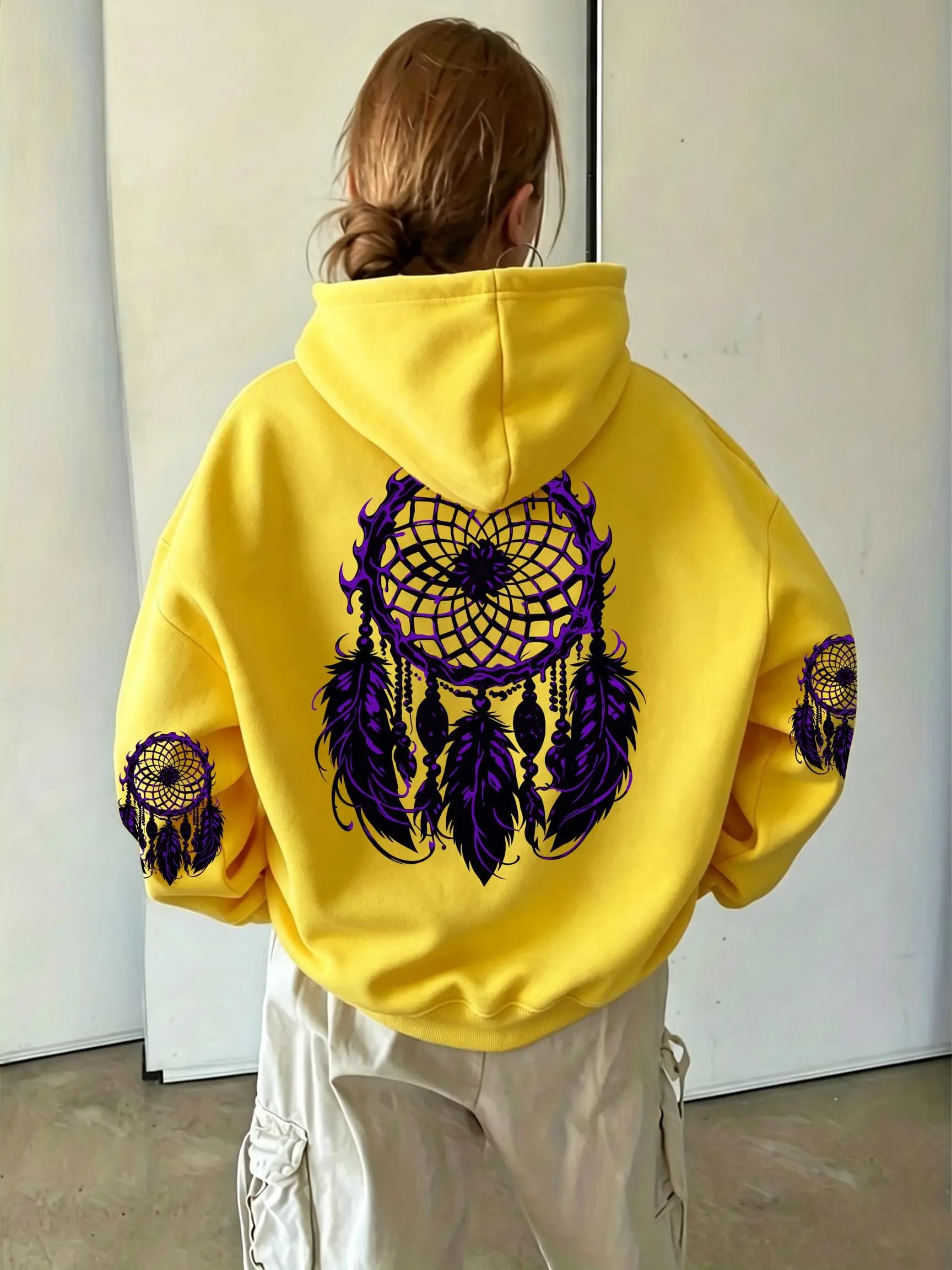 Gothic Purple Black Dreamcatcher Feathers Print Women'S Hoodies Autumn Y2K Streetwear Loose Fleece Pullover Jogging Pocket Hoody