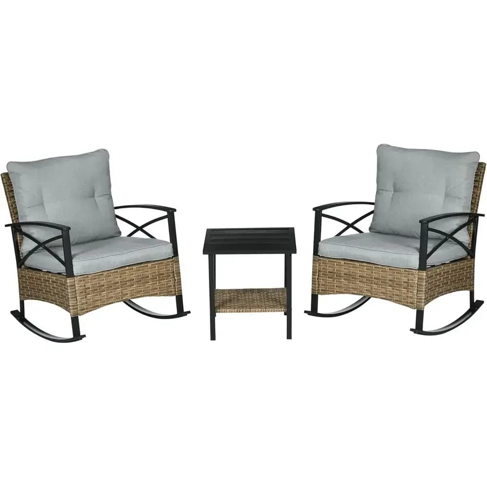 Light Gray 3-Piece Outdoor Wicker Rocking Chair Set with Cushioned Rockers and 2-Tier Coffee Table