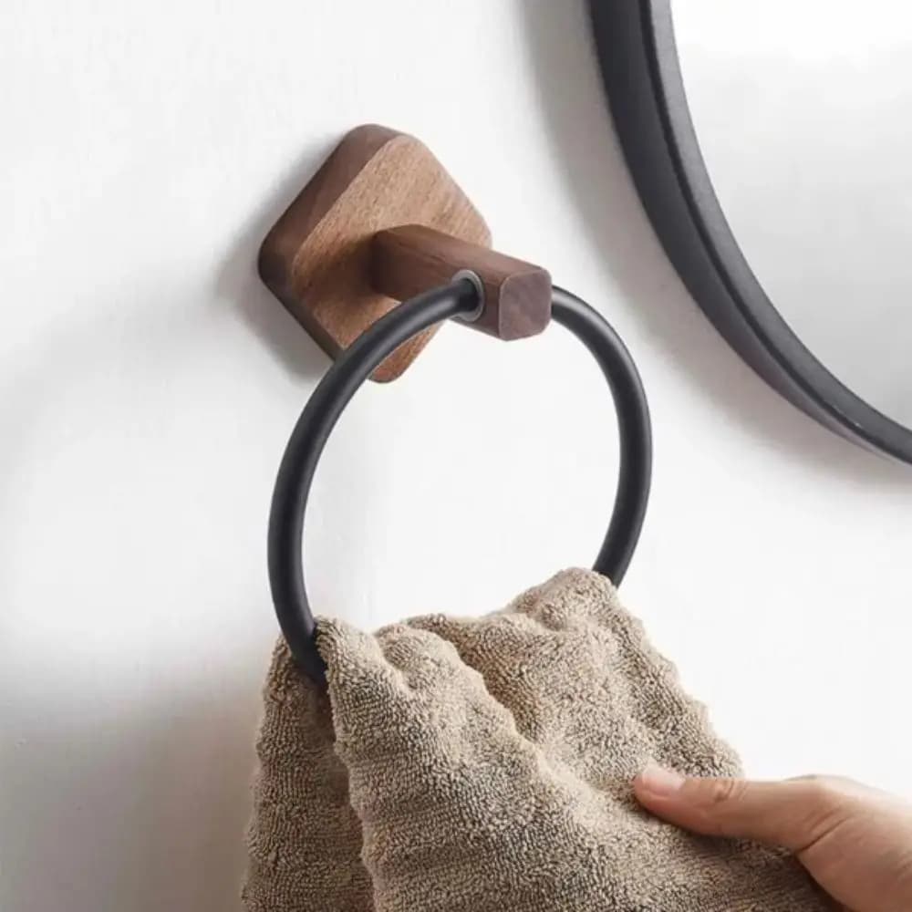 Portasciugamani Portatile dal Design Rotondo in Alluminio e Legno di Noce, Anelli Portasciugamani in Legno di Faggio Bianco e Alluminio