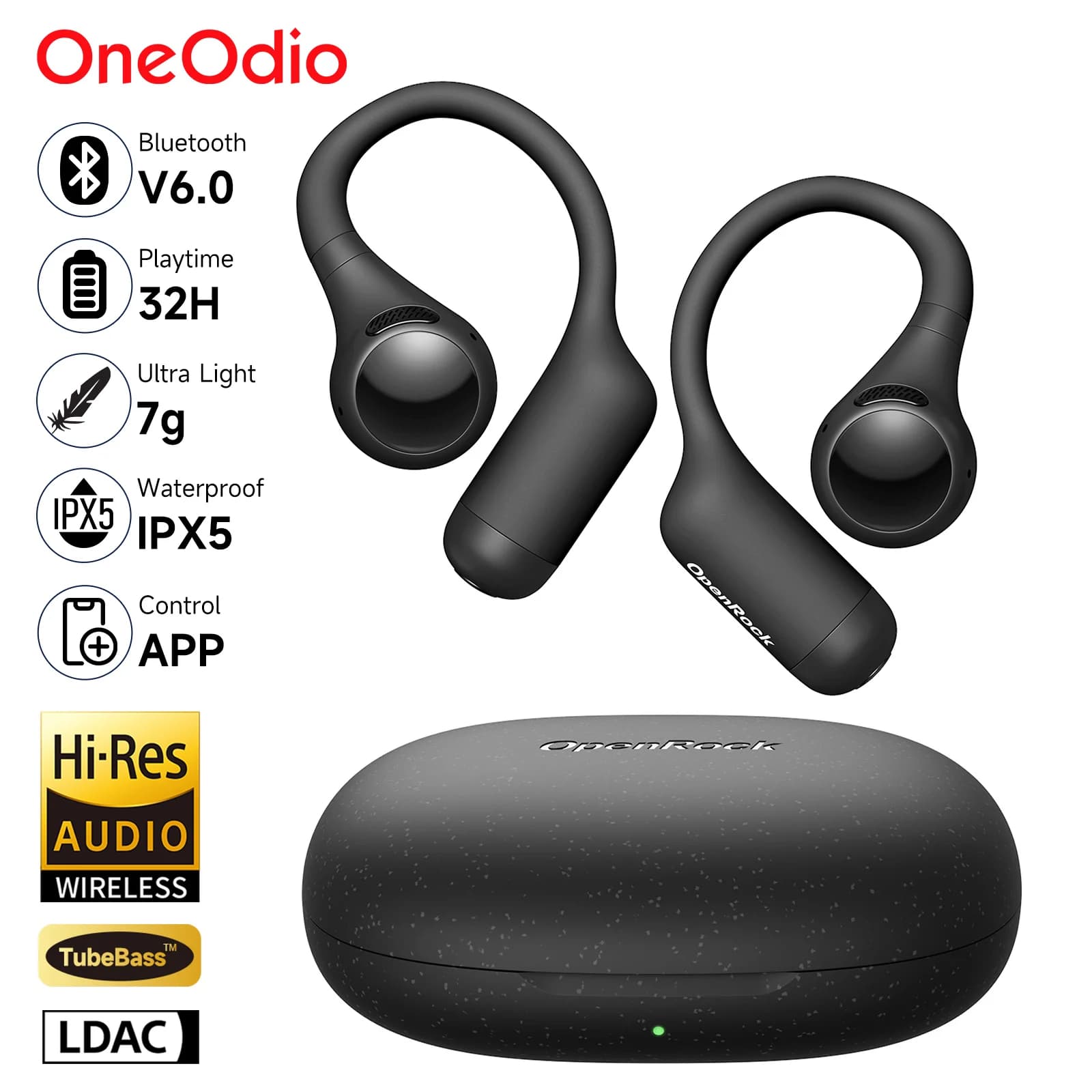 OpenRock S2 Auricolari Bluetooth 6.0 a orecchio aperto Cuffie LDAC ad alta risoluzione Auricolari sportivi wireless IPX5 con microfono AI ENC Supporto APP OWS